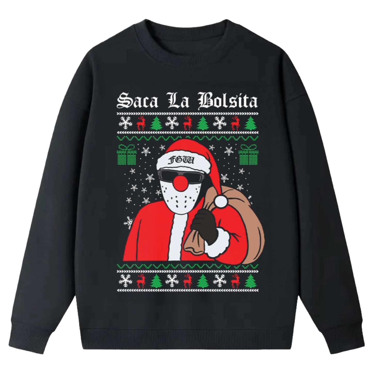 Black sweatshirt with festive design featuring a character in a red outfit and Santa hat, with text 'Saca La Bolsita' on a white background.