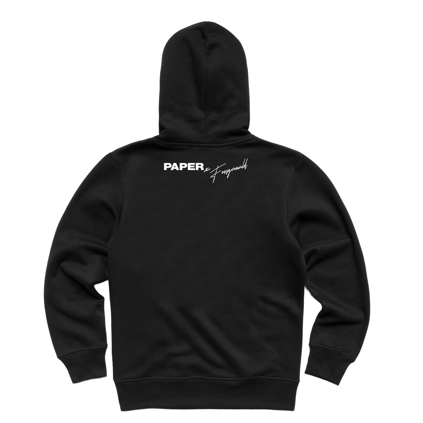 Black hoodie with 'PAPER' logo on the back against a white background