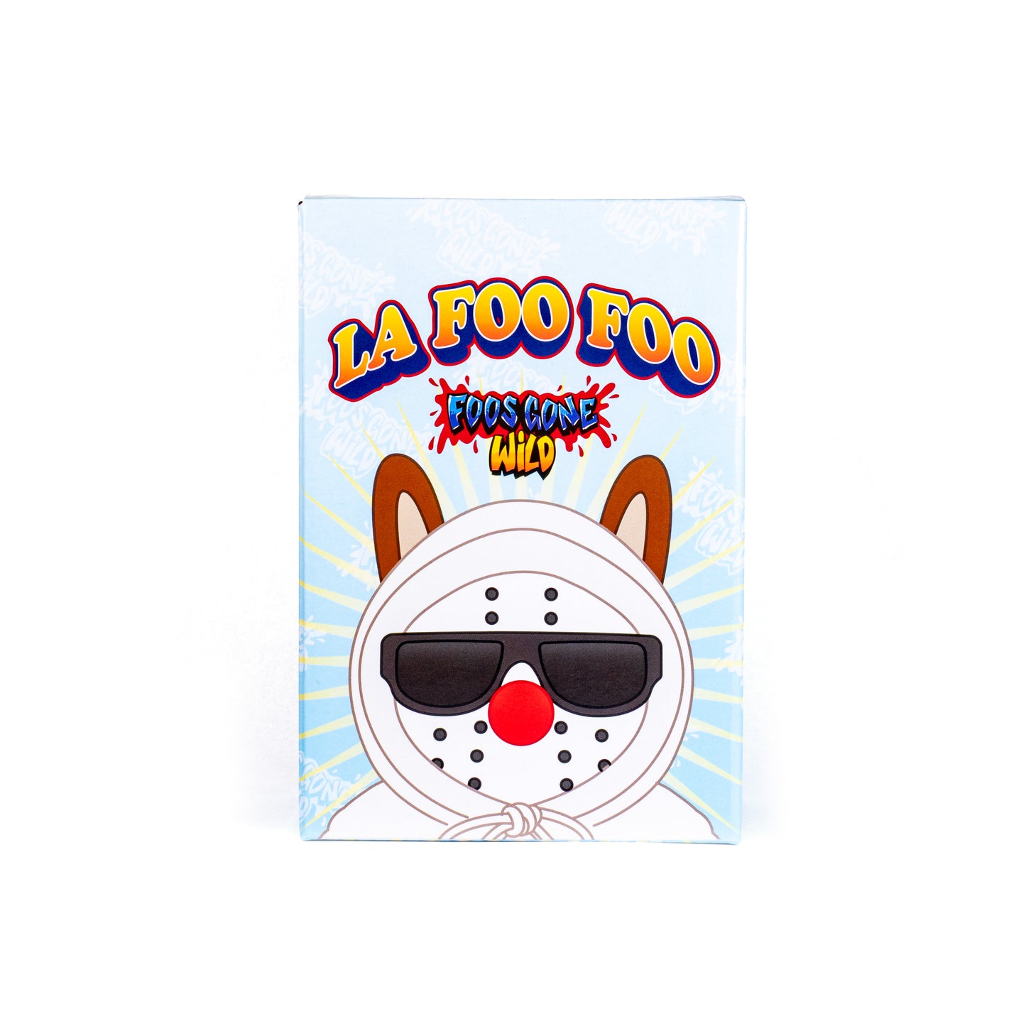 Product packaging with cartoon character and 'La Foo Foo' branding on a light blue background