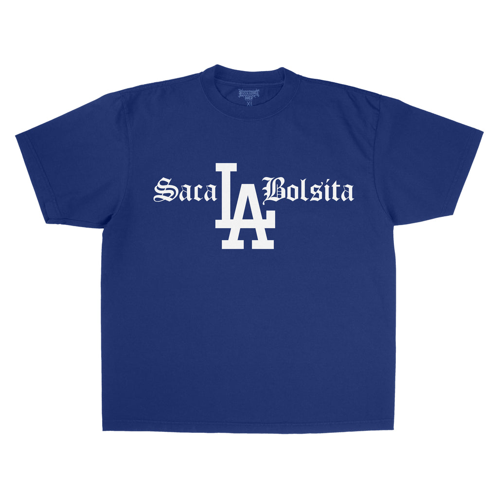 Blue t-shirt with white text and logo on a white background