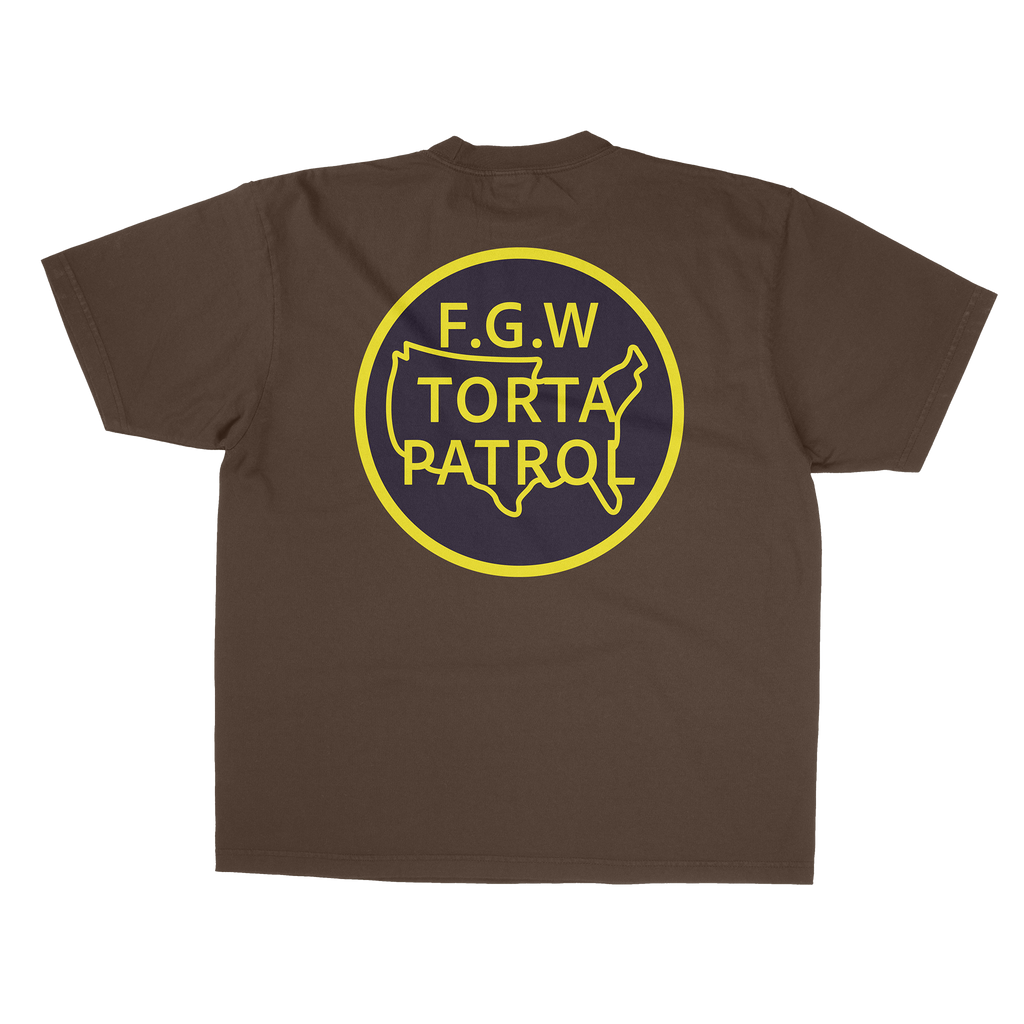 Brown t-shirt with yellow 'F.G.W Torta Patrol' logo on a white background