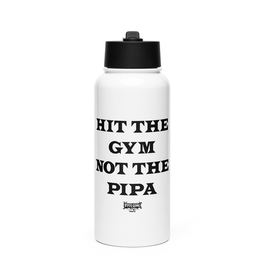 White water bottle with black text and lid on a white background