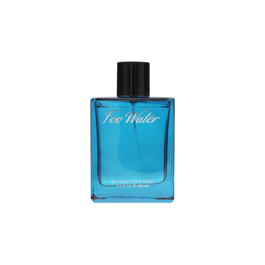 Blue perfume bottle with black cap on a white background