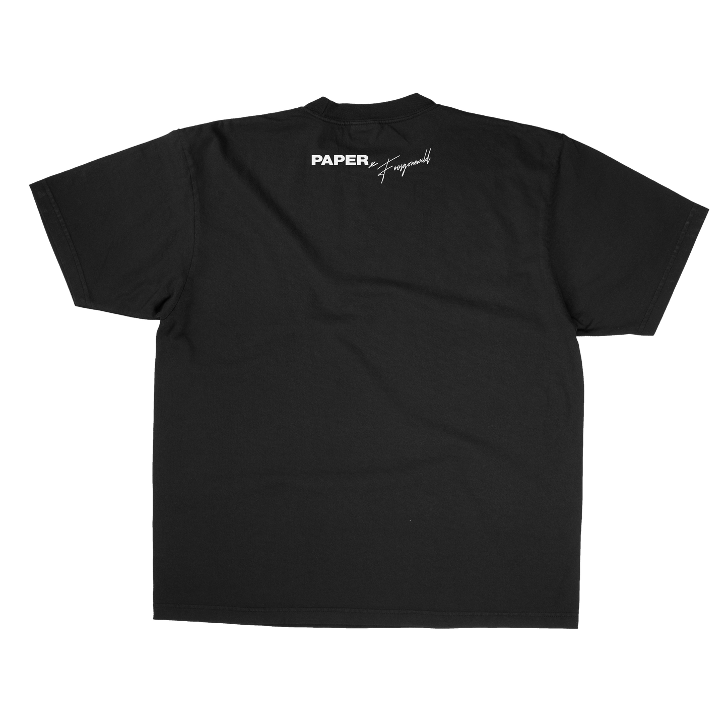 Black t-shirt with 'PAPER' logo on a white background