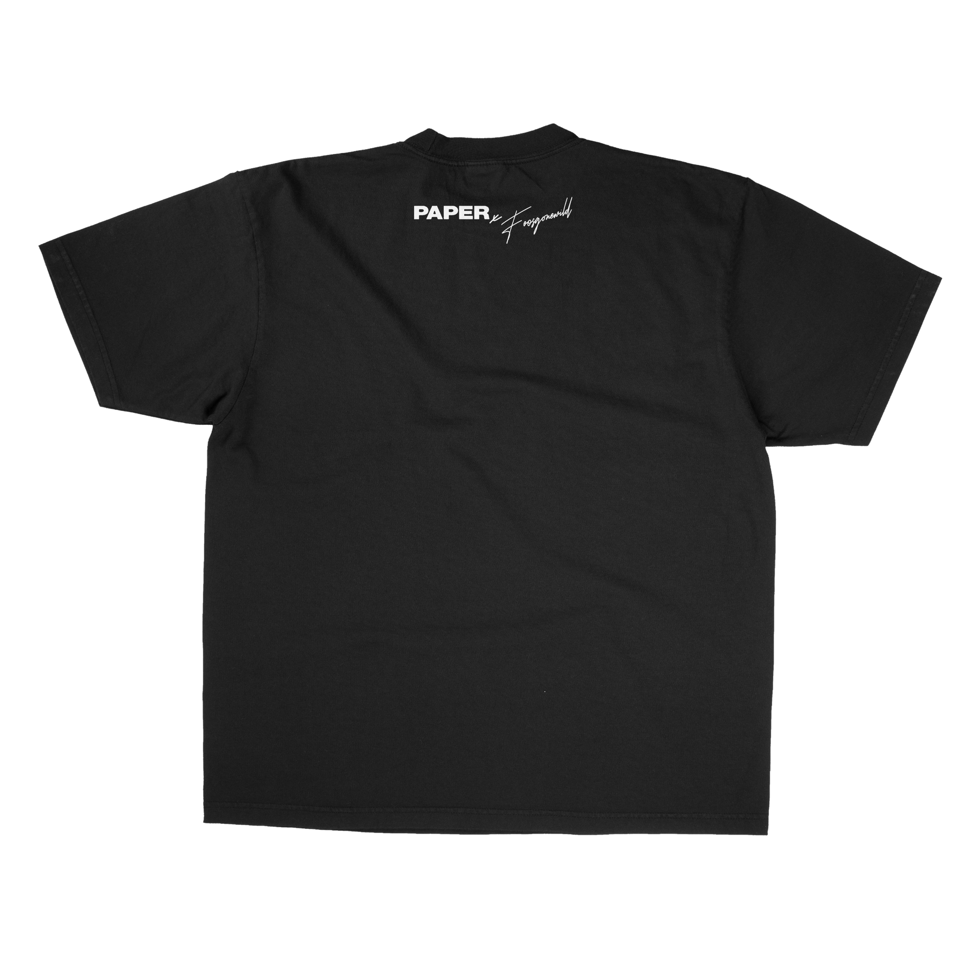 Black t-shirt with 'PAPER' logo on a white background