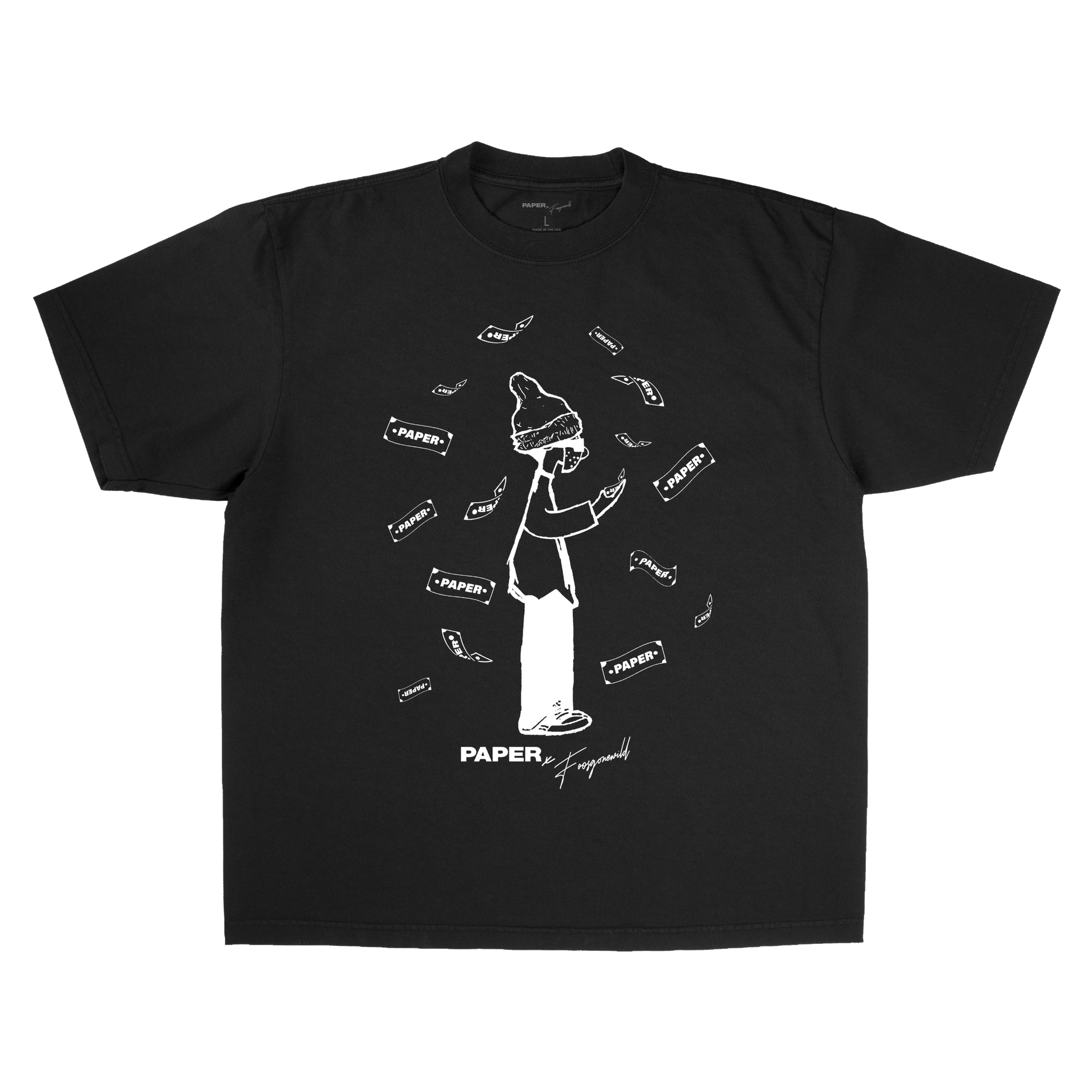 Black t-shirt with white graphic design on a white background