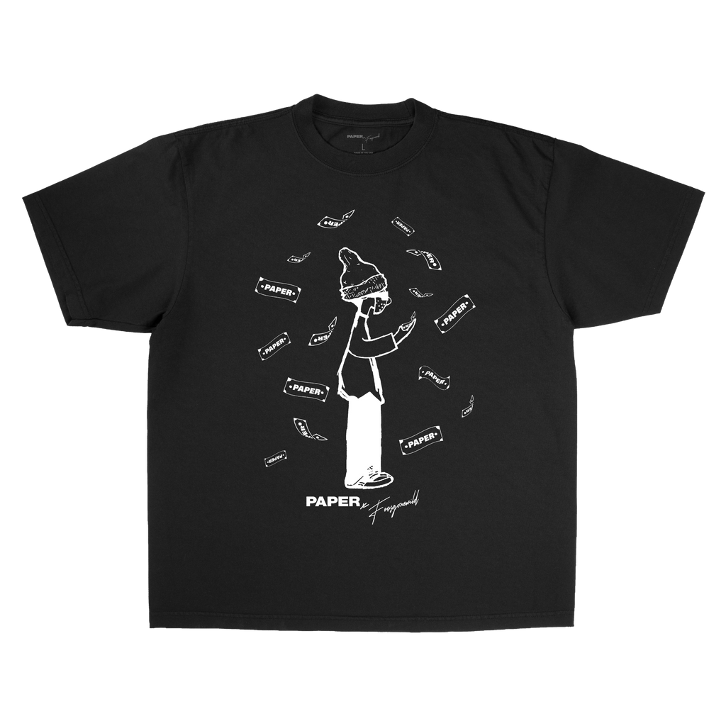 Black t-shirt with white graphic design on a white background