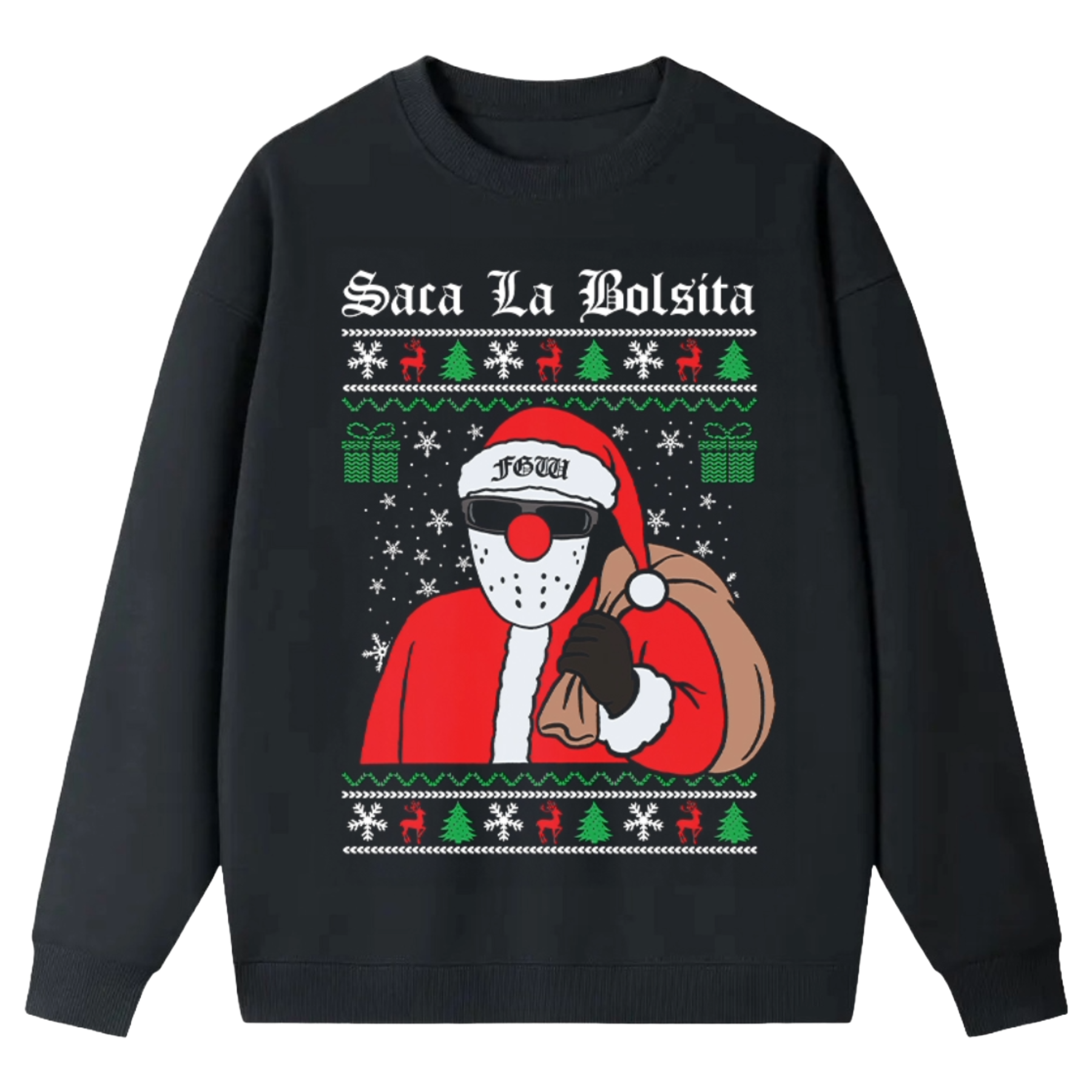 Black sweatshirt with festive design featuring a character in a red outfit and Santa hat, with text 'Saca La Bolsita' on a white background.