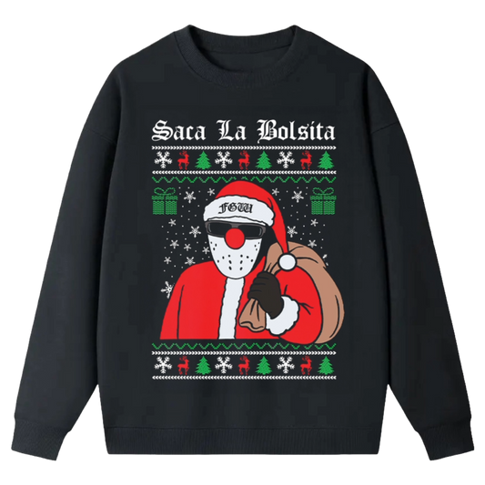 Black sweatshirt with festive design featuring a character in a red outfit and Santa hat, with text 'Saca La Bolsita' on a white background.