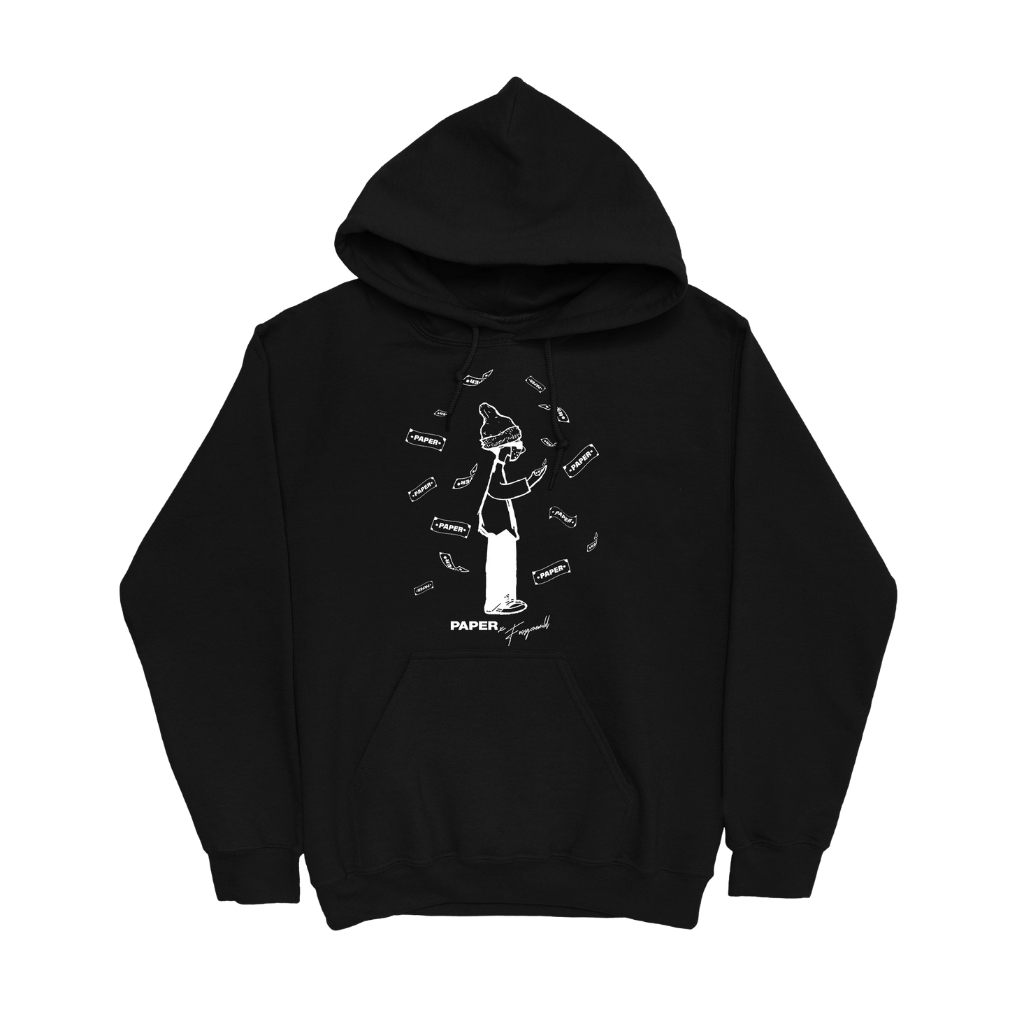 Black hoodie with white graphic design on a white background