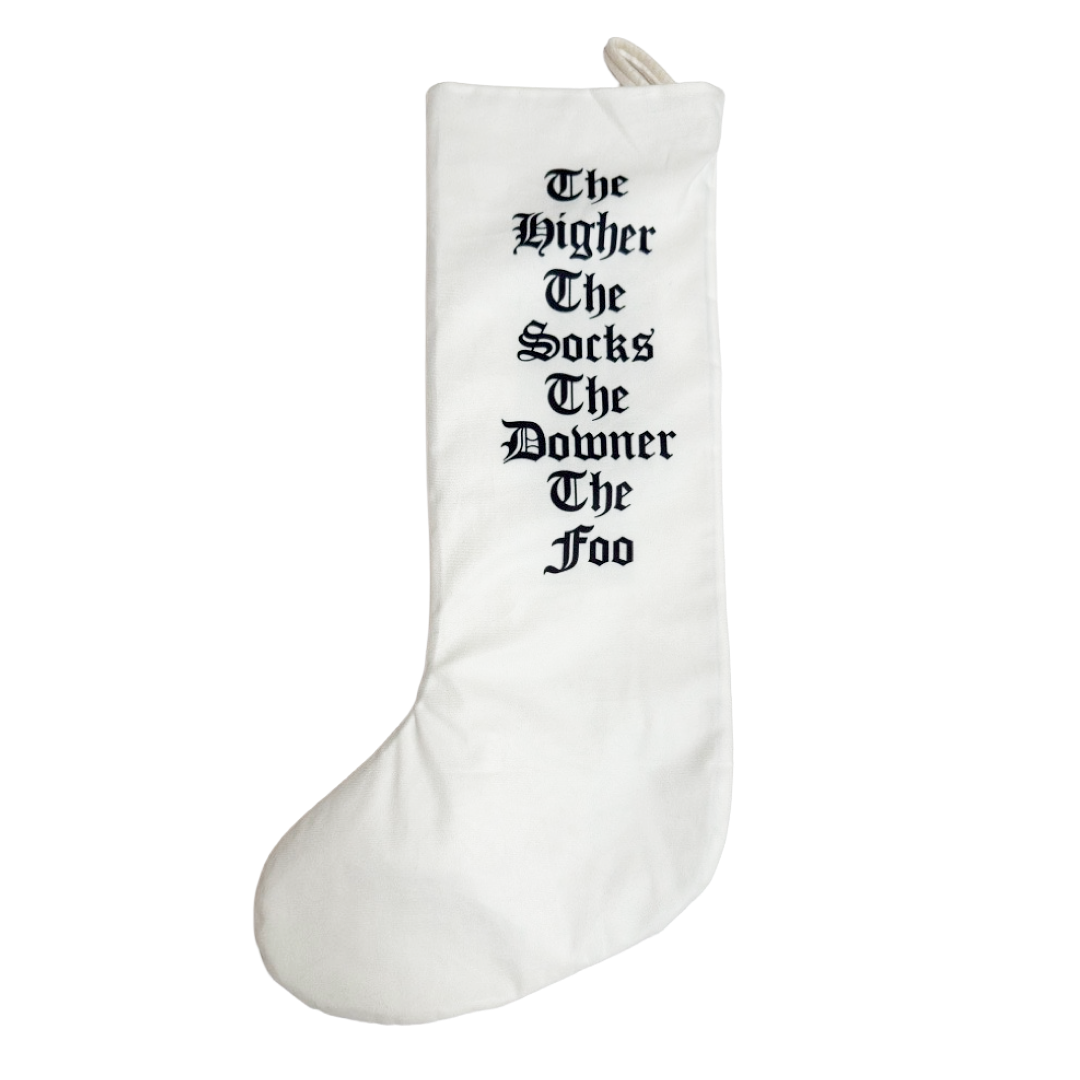 White stocking with black text on a white background