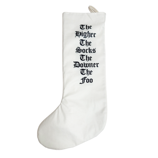 White stocking with black text on a white background