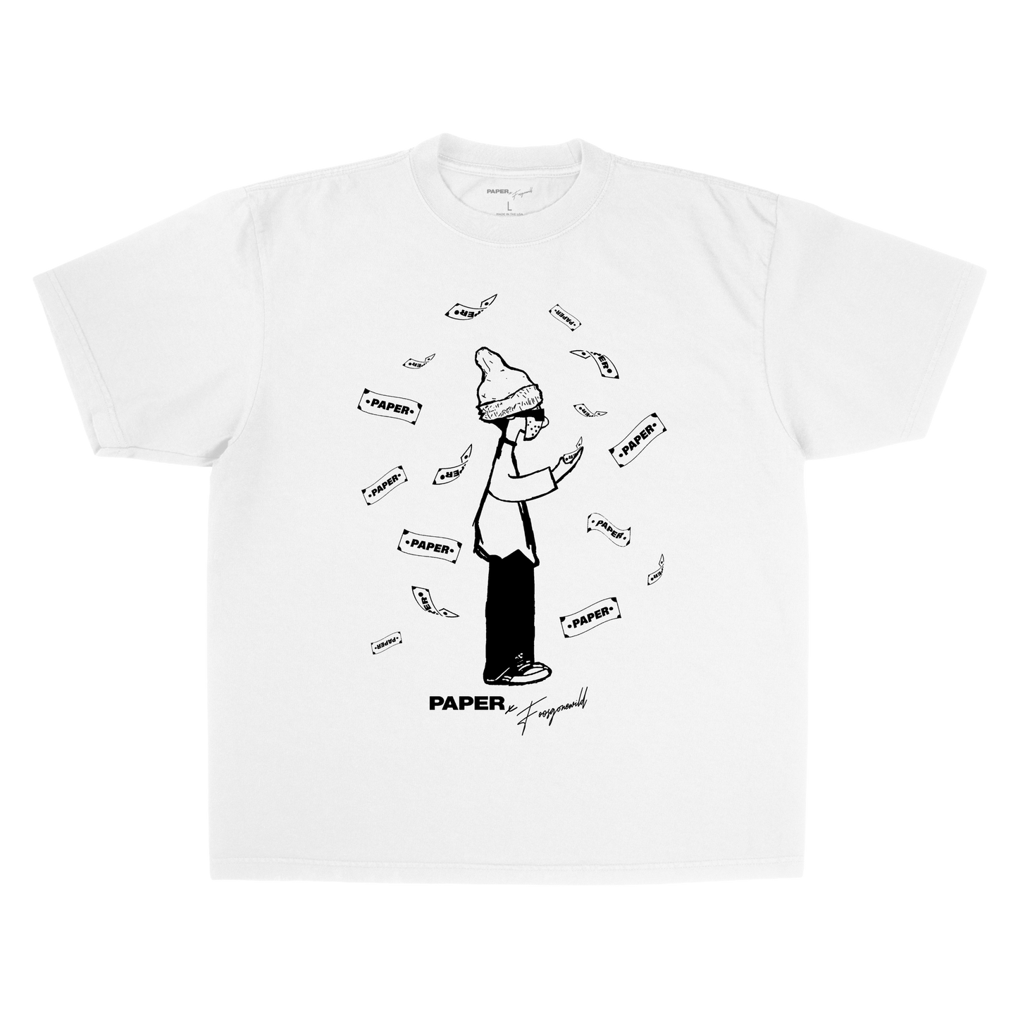 White t-shirt with black graphic design on a white background
