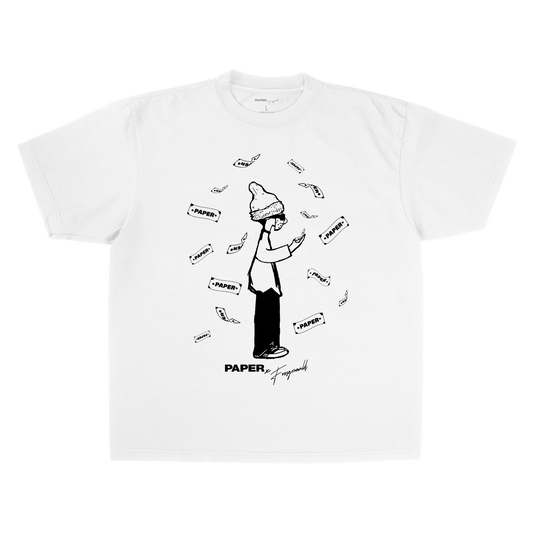 White t-shirt with black graphic design on a white background