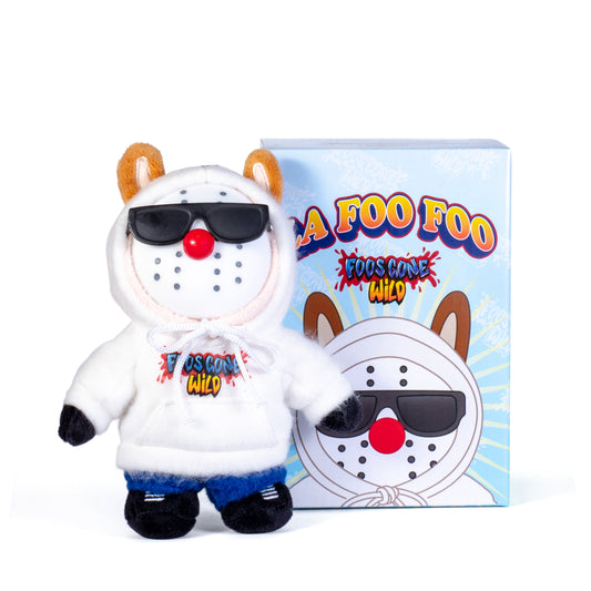 Plush toy with sunglasses and a box labeled 'Foo Foo' on a white background
