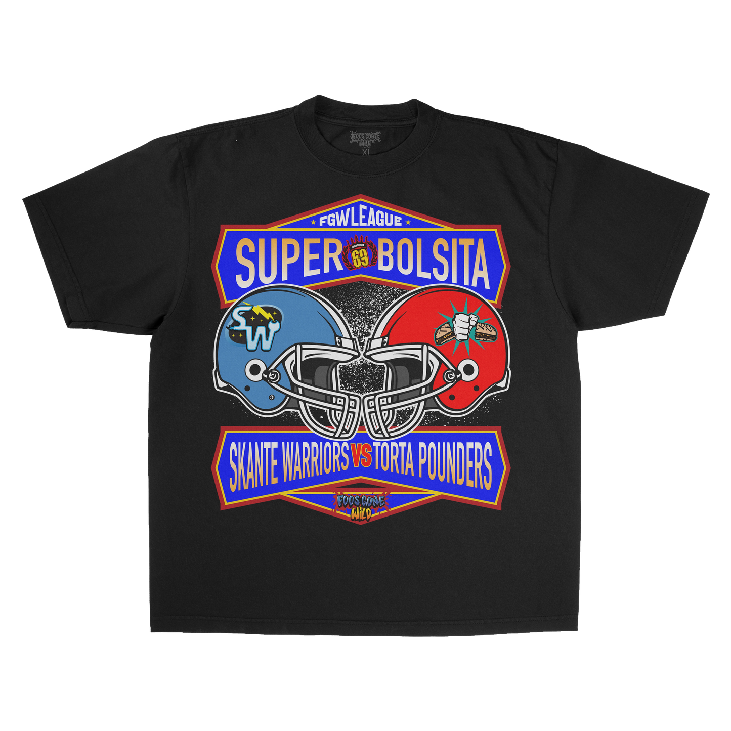 Foos Gone Wild Super Bolsita graphics on a black t-shirt.