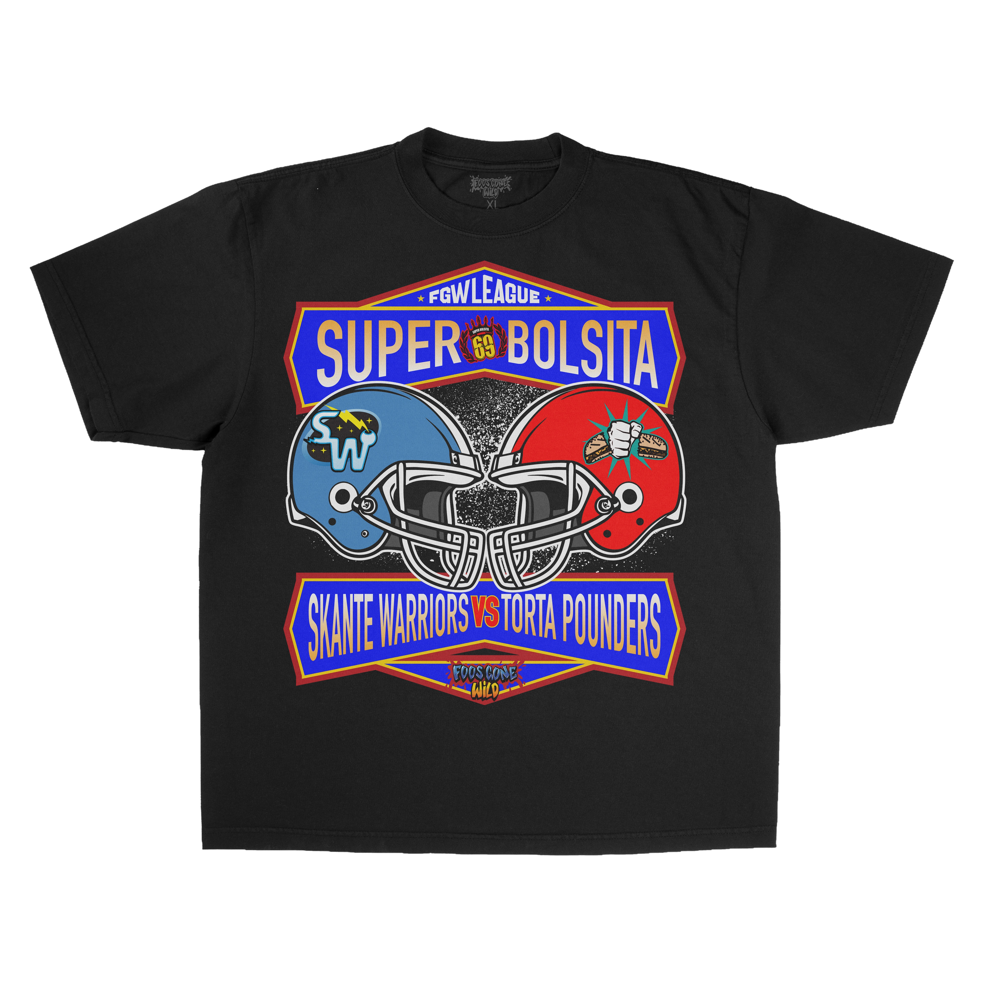 Foos Gone Wild Super Bolsita graphics on a black t-shirt.