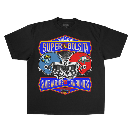 Foos Gone Wild Super Bolsita graphics on a black t-shirt.