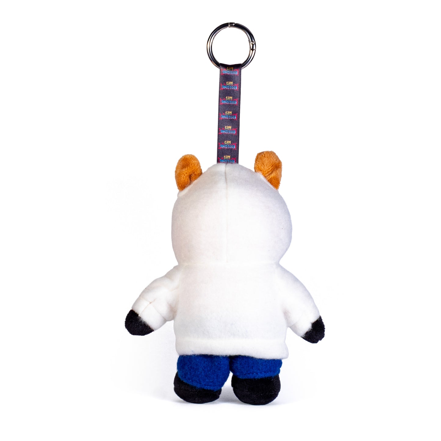 Plush keychain with a white character, blue pants, and orange horns on a white background