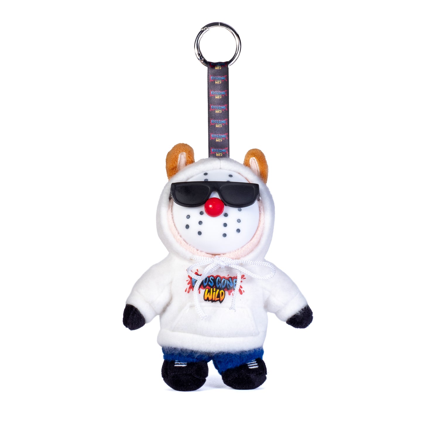 Plush keychain with a snowman design wearing sunglasses and a colorful jacket on a white background