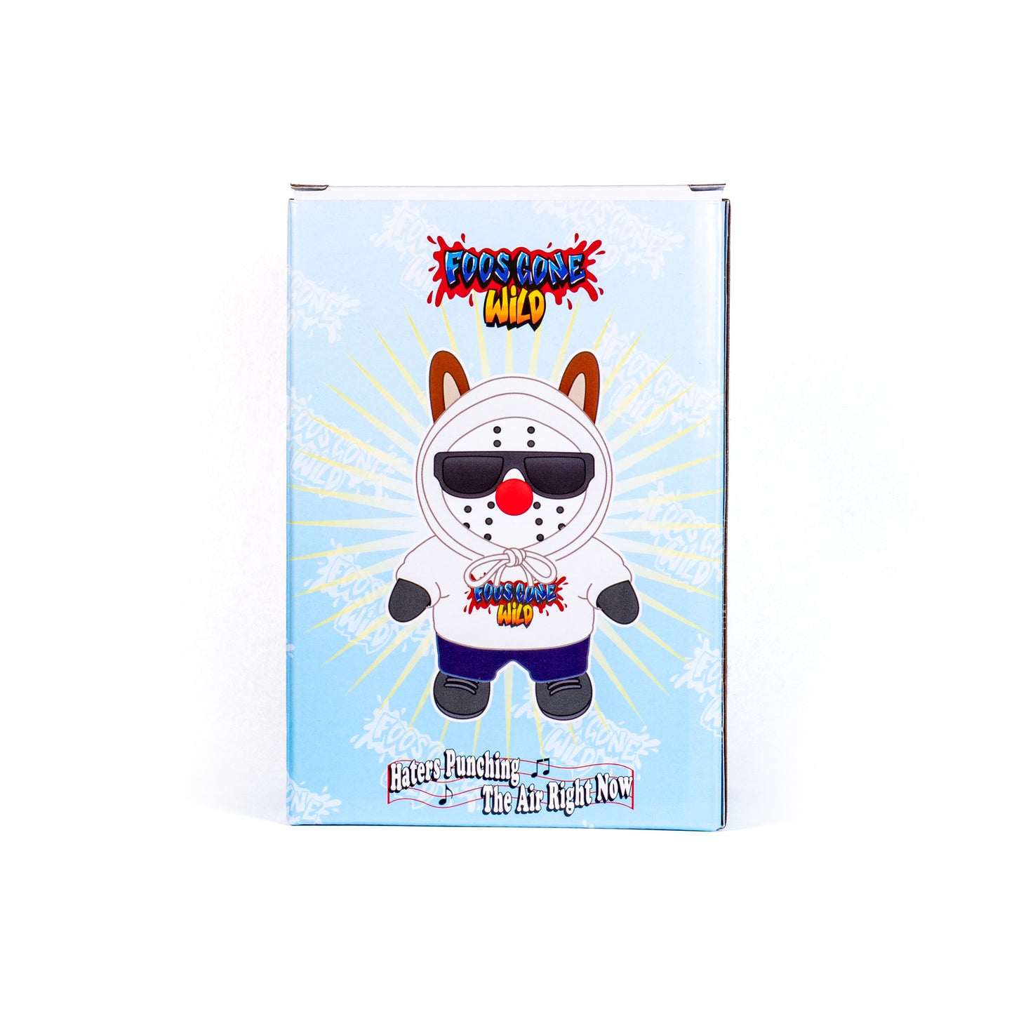 Product packaging with a cartoon character on a blue background