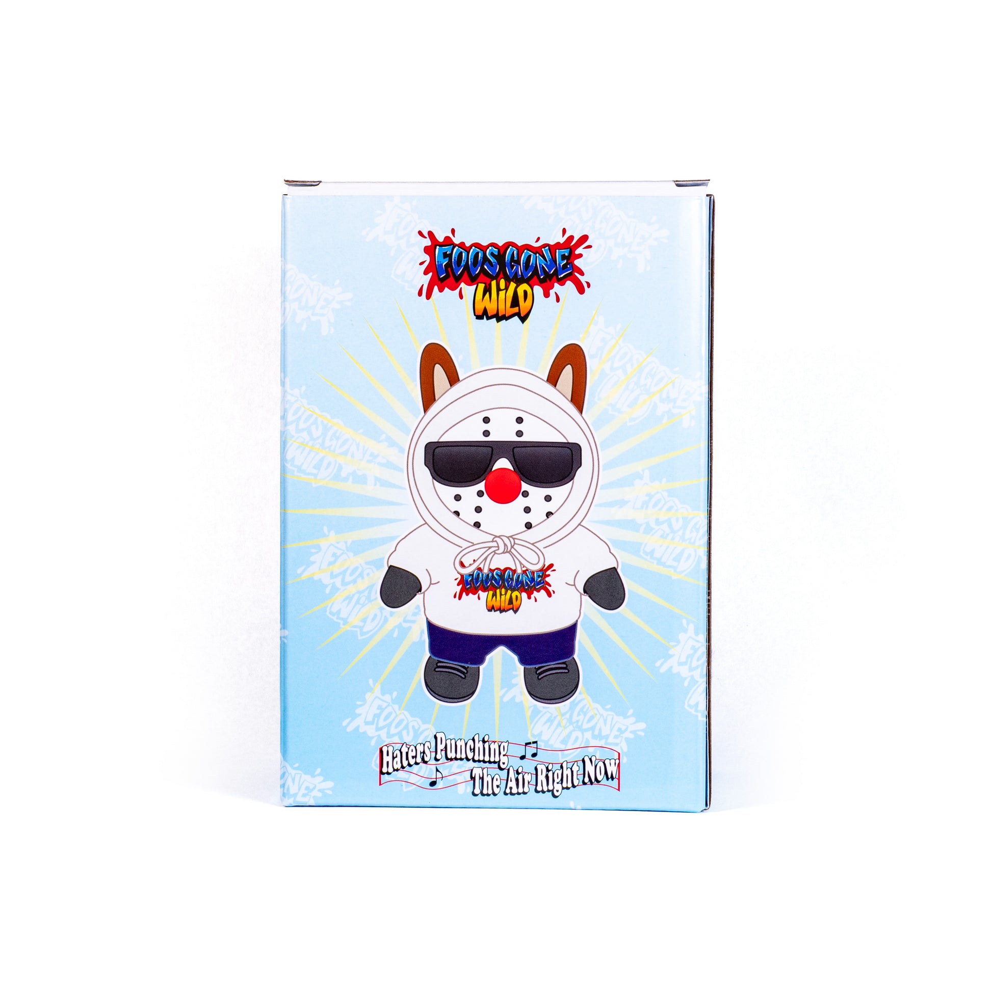 Product packaging with a cartoon character on a blue background